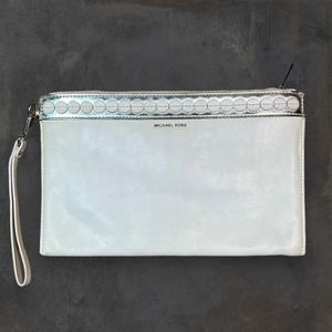 Michael Kors Analise X Large Zip Clutch Genuine Leather White‎ and Silver DIRTY